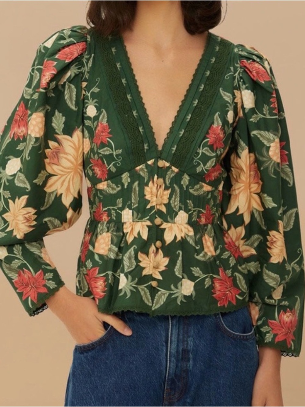 BNWT FARM Rio Dark Green Floral V-Neck Blouse Top cotton size M - Picture 12 of 13